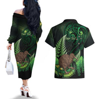 Kiwi New Zealand Personalised Couples Matching Off The Shoulder Long Sleeve Dress and Hawaiian Shirt Aotearoa Map Silver Fern Koru Pattern LT22 - Polynesian Pride