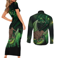 Kiwi New Zealand Personalised Couples Matching Short Sleeve Bodycon Dress and Long Sleeve Button Shirt Aotearoa Map Silver Fern Koru Pattern