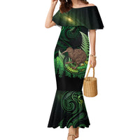Kiwi New Zealand Personalised Family Matching Mermaid Dress and Hawaiian Shirt Aotearoa Map Silver Fern Koru Pattern LT22 Mom's Dress Green - Polynesian Pride