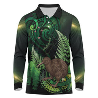 Kiwi New Zealand Personalised Long Sleeve Polo Shirt Aotearoa Map Silver Fern Koru Pattern
