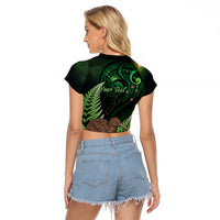 Kiwi New Zealand Personalised Raglan Cropped T Shirt Aotearoa Map Silver Fern Koru Pattern