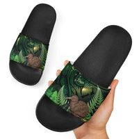 Kiwi New Zealand Personalised Slide Sandals Aotearoa Map Silver Fern Koru Pattern