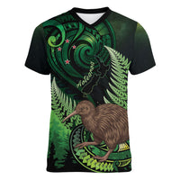 Kiwi New Zealand Personalised Women V-Neck T-Shirt Aotearoa Map Silver Fern Koru Pattern