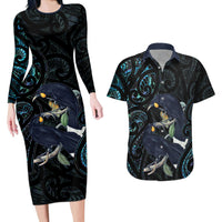 New Zealand Huia Bird Couples Matching Long Sleeve Bodycon Dress and Hawaiian Shirt Paua Shell Maori Pattern LT22 Black - Polynesian Pride