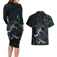 New Zealand Huia Bird Couples Matching Long Sleeve Bodycon Dress and Hawaiian Shirt Paua Shell Maori Pattern LT22 - Polynesian Pride