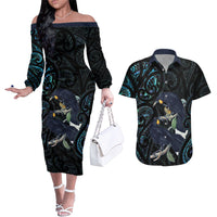 New Zealand Huia Bird Couples Matching Off The Shoulder Long Sleeve Dress and Hawaiian Shirt Paua Shell Maori Pattern LT22 Black - Polynesian Pride