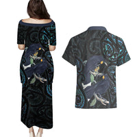 New Zealand Huia Bird Couples Matching Puletasi and Hawaiian Shirt Paua Shell Maori Pattern