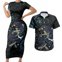 New Zealand Huia Bird Couples Matching Short Sleeve Bodycon Dress and Hawaiian Shirt Paua Shell Maori Pattern LT22 Black - Polynesian Pride