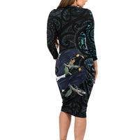 New Zealand Huia Bird Family Matching Long Sleeve Bodycon Dress and Hawaiian Shirt Paua Shell Maori Pattern LT22 - Polynesian Pride