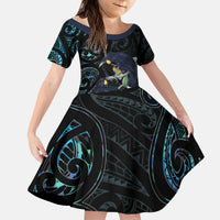 New Zealand Huia Bird Kid Short Sleeve Dress Paua Shell Maori Pattern LT22 KID Black - Polynesian Pride