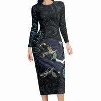 New Zealand Huia Bird Long Sleeve Bodycon Dress Paua Shell Maori Pattern LT22 Long Dress Black - Polynesian Pride