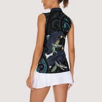 New Zealand Huia Bird Women Sleeveless Polo Shirt Paua Shell Maori Pattern