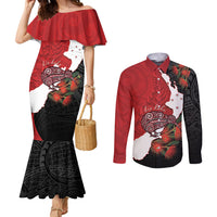 Kiwi New Zealand Personalised Couples Matching Mermaid Dress and Long Sleeve Button Shirt NZ Map Pohutukawa Fern Maori Pattern LT22 Red - Polynesian Pride