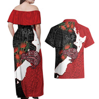 Kiwi New Zealand Personalised Couples Matching Off Shoulder Maxi Dress and Hawaiian Shirt NZ Map Pohutukawa Fern Maori Pattern LT22 - Polynesian Pride