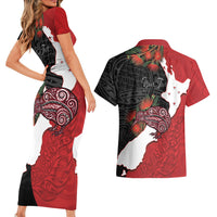 Kiwi New Zealand Personalised Couples Matching Short Sleeve Bodycon Dress and Hawaiian Shirt NZ Map Pohutukawa Fern Maori Pattern LT22 - Polynesian Pride