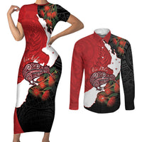 Kiwi New Zealand Personalised Couples Matching Short Sleeve Bodycon Dress and Long Sleeve Button Shirt NZ Map Pohutukawa Fern Maori Pattern LT22 Red - Polynesian Pride
