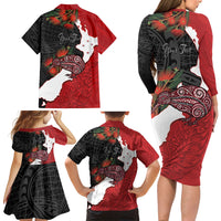 Kiwi New Zealand Personalised Family Matching Long Sleeve Bodycon Dress and Hawaiian Shirt NZ Map Pohutukawa Fern Maori Pattern LT22 - Polynesian Pride