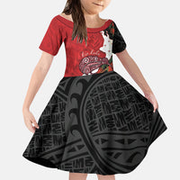 Kiwi New Zealand Personalised Family Matching Off The Shoulder Long Sleeve Dress and Hawaiian Shirt NZ Map Pohutukawa Fern Maori Pattern LT22 Daughter's Dress Red - Polynesian Pride