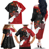 Kiwi New Zealand Personalised Family Matching Off The Shoulder Long Sleeve Dress and Hawaiian Shirt NZ Map Pohutukawa Fern Maori Pattern LT22 - Polynesian Pride