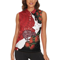 Kiwi New Zealand Personalised Women Sleeveless Polo Shirt NZ Map Pohutukawa Fern Maori Pattern