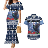 New Zealand Tui Bird Christmas Couples Matching Mermaid Dress and Hawaiian Shirt Pohutukawa Xmas Tree Meri Kirihimete LT22 Blue - Polynesian Pride