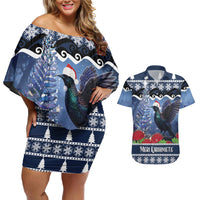 New Zealand Tui Bird Christmas Couples Matching Off Shoulder Short Dress and Hawaiian Shirt Pohutukawa Xmas Tree Meri Kirihimete LT22 Blue - Polynesian Pride
