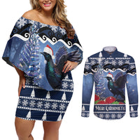 New Zealand Tui Bird Christmas Couples Matching Off Shoulder Short Dress and Long Sleeve Button Shirt Pohutukawa Xmas Tree Meri Kirihimete LT22 Blue - Polynesian Pride