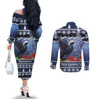 New Zealand Tui Bird Christmas Couples Matching Off The Shoulder Long Sleeve Dress and Long Sleeve Button Shirt Pohutukawa Xmas Tree Meri Kirihimete LT22 - Polynesian Pride