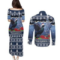 New Zealand Tui Bird Christmas Couples Matching Puletasi and Long Sleeve Button Shirt Pohutukawa Xmas Tree Meri Kirihimete LT22 - Polynesian Pride