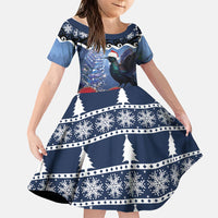 New Zealand Tui Bird Christmas Family Matching Off Shoulder Maxi Dress and Hawaiian Shirt Pohutukawa Xmas Tree Meri Kirihimete LT22 Daughter's Dress Blue - Polynesian Pride
