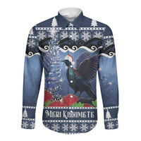 New Zealand Tui Bird Christmas Long Sleeve Button Shirt Pohutukawa Xmas Tree Meri Kirihimete LT22 Unisex Blue - Polynesian Pride