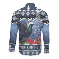 New Zealand Tui Bird Christmas Long Sleeve Button Shirt Pohutukawa Xmas Tree Meri Kirihimete LT22 - Polynesian Pride