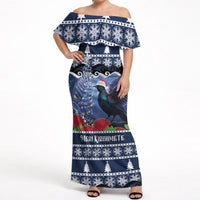 New Zealand Tui Bird Christmas Off Shoulder Maxi Dress Pohutukawa Xmas Tree Meri Kirihimete LT22 Women Blue - Polynesian Pride