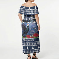 New Zealand Tui Bird Christmas Off Shoulder Maxi Dress Pohutukawa Xmas Tree Meri Kirihimete LT22 - Polynesian Pride