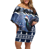 New Zealand Tui Bird Christmas Off Shoulder Short Dress Pohutukawa Xmas Tree Meri Kirihimete LT22 Women Blue - Polynesian Pride