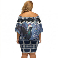 New Zealand Tui Bird Christmas Off Shoulder Short Dress Pohutukawa Xmas Tree Meri Kirihimete LT22 - Polynesian Pride