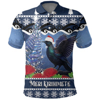 New Zealand Tui Bird Christmas Polo Shirt Pohutukawa Xmas Tree Meri Kirihimete LT22 Blue - Polynesian Pride