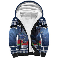 New Zealand Tui Bird Christmas Sherpa Hoodie Pohutukawa Xmas Tree Meri Kirihimete LT22 Unisex Blue - Polynesian Pride