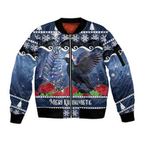 New Zealand Tui Bird Christmas Sleeve Zip Bomber Jacket Pohutukawa Xmas Tree Meri Kirihimete