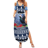 New Zealand Tui Bird Christmas Summer Maxi Dress Pohutukawa Xmas Tree Meri Kirihimete LT22 Women Blue - Polynesian Pride