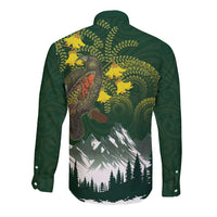 Kea Bird Kowhai New Zealand Long Sleeve Button Shirt Mountain Landscape Maori Art