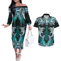 New Zealand Kotiate Weapon Couples Matching Off The Shoulder Long Sleeve Dress and Hawaiian Shirt Aotearoa Mango Paua Shell Maori Pattern LT22 Blue - Polynesian Pride