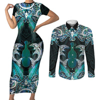 New Zealand Kotiate Weapon Couples Matching Short Sleeve Bodycon Dress and Long Sleeve Button Shirt Aotearoa Mango Paua Shell Maori Pattern