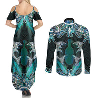 New Zealand Kotiate Weapon Couples Matching Summer Maxi Dress and Long Sleeve Button Shirt Aotearoa Mango Paua Shell Maori Pattern