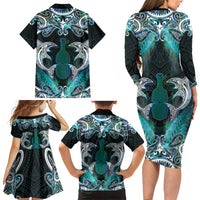 New Zealand Kotiate Weapon Family Matching Long Sleeve Bodycon Dress and Hawaiian Shirt Aotearoa Mango Paua Shell Maori Pattern LT22 - Polynesian Pride
