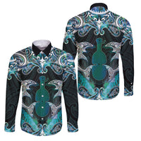 New Zealand Kotiate Weapon Family Matching Mermaid Dress and Hawaiian Shirt Aotearoa Mango Paua Shell Maori Pattern LT22 Dad's Shirt - Long Sleeve Blue - Polynesian Pride