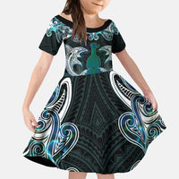 New Zealand Kotiate Weapon Family Matching Off Shoulder Short Dress and Hawaiian Shirt Aotearoa Mango Paua Shell Maori Pattern
