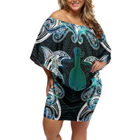 New Zealand Kotiate Weapon Family Matching Off Shoulder Short Dress and Hawaiian Shirt Aotearoa Mango Paua Shell Maori Pattern