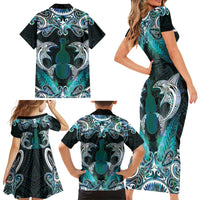 New Zealand Kotiate Weapon Family Matching Short Sleeve Bodycon Dress and Hawaiian Shirt Aotearoa Mango Paua Shell Maori Pattern LT22 - Polynesian Pride