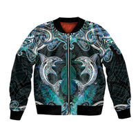 New Zealand Kotiate Weapon Sleeve Zip Bomber Jacket Aotearoa Mango Paua Shell Maori Pattern LT22 Unisex Blue - Polynesian Pride